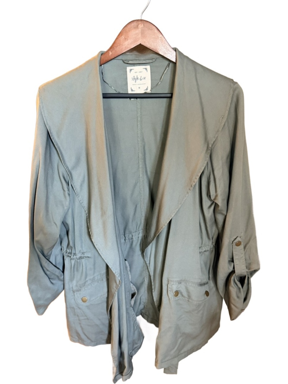 Style & Co. Sage Green Open Front Utility Jacket